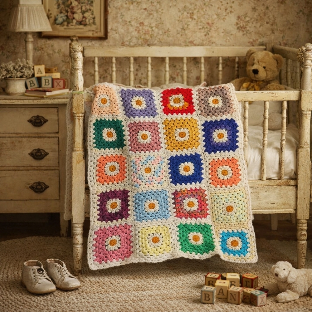 Handmade Crocheted Baby Blanket | Vintage Granny Square | 29 x 30